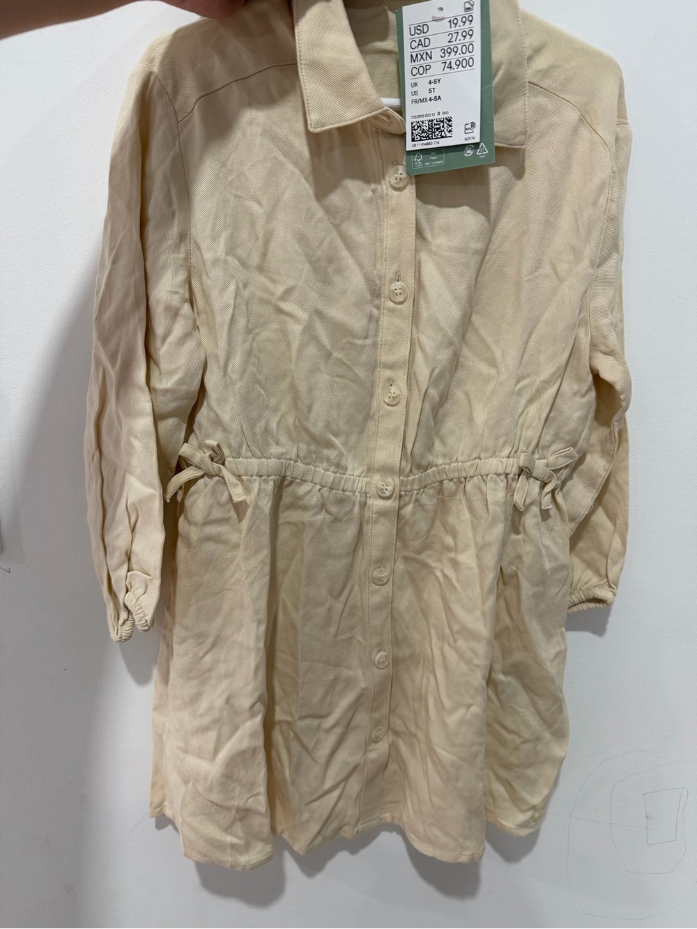 H&M Cream Button-Front Long-Sleeve Drawstring Kids Dress